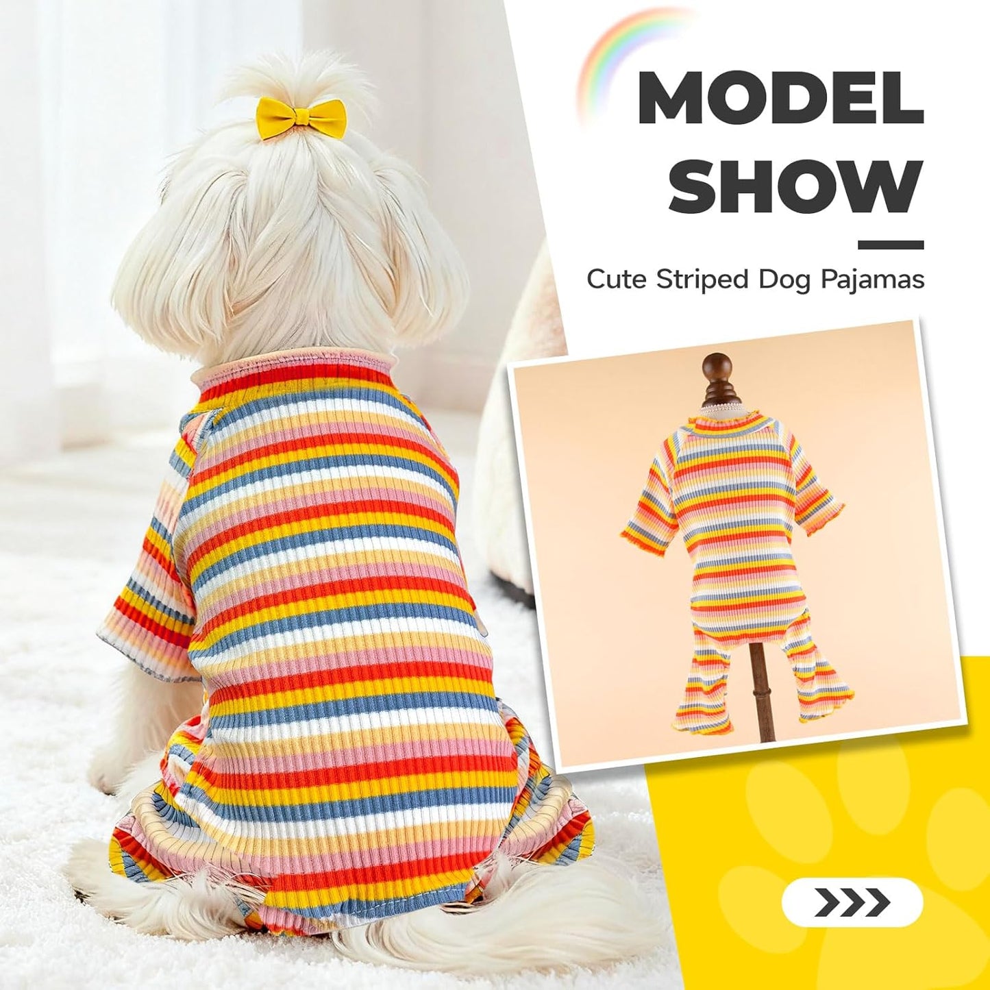 BAEJMJK Striped Dog Pajamas Stretchy Cute Four-Legged Boy Girl Dog Clothes with Sleeves Comfortable Dogs Jumpsuit Colorful Pet Puppy Outfits Apparel for Small Medium Dogs Cats(Yellow,Yellow,X-Large)