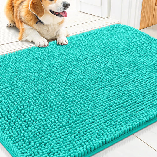 Smiry Dog Door Mat for Muddy Paws 30x20, Absorbs Moisture and Dirt Doormat, Non-Slip Washable Quick Dry Chenille Front Door Mat Indoor Entrance, Entryway Carpet for Inside Floor, Teal