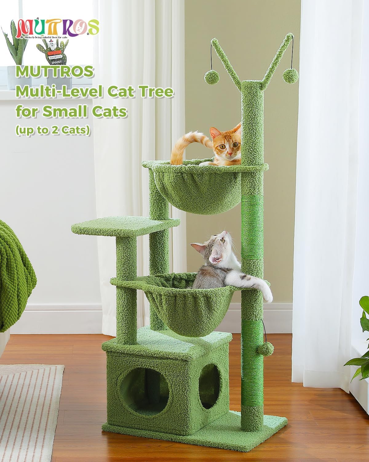 Cactus Cat Tree, 47.6" Cat Tower with 2 Metal Frame Hammock, Cat Scratching Post for Indoor Cats with 2 Removable Pompom Sticks for Kittens, Green