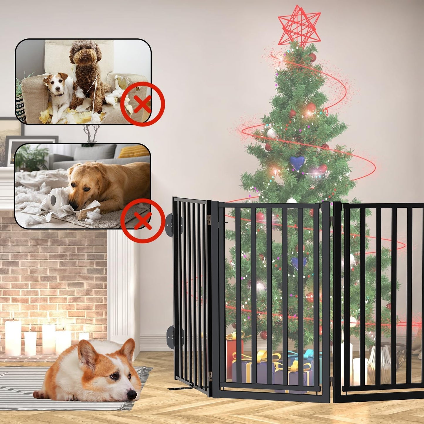 Portable Dog Fence with Door for Indoor Outdoor Use, Free Standing Dog Gate Foldable Design, Metal Black 32" Tall, Expandable 6 Panels Use for Yard, Stairs, Front