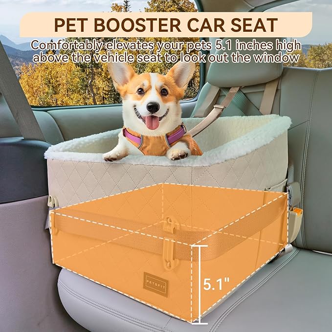 PETSFIT Small Dog Booster Car Seat, Soft Foam Puppy Carseat with Patented Safety Buckles, Storage Pockets and Detachable Clip-On Safety Leash, Dog Car Booster Seat for Medium Pet Under 30 LBS (Khaki)
