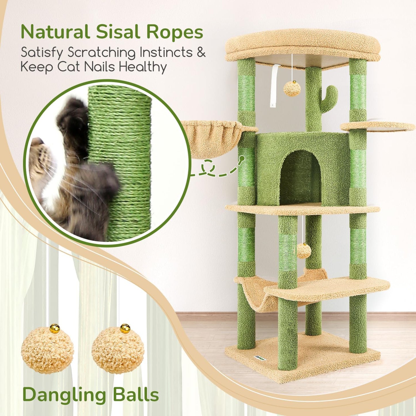 Globlazer Cactus Corner Cat Tree Tower with Scratching Post for Indoor Cats, 51in Multi-Level Cat Condo Tower with Large Hammock, Fan-Shaped Padded Perch, Spacious Cat Cave, Hanging Basket, C51, Green
