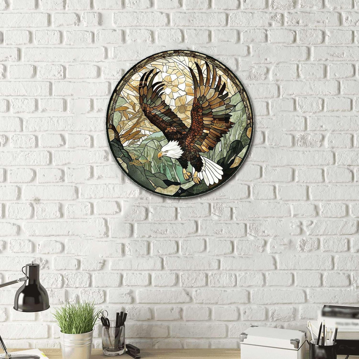 Lygond Metal Sign Tin Sign Circular Stained Glass American Bald Eagle Inspirational Wall Art for Club 8×8 Inches