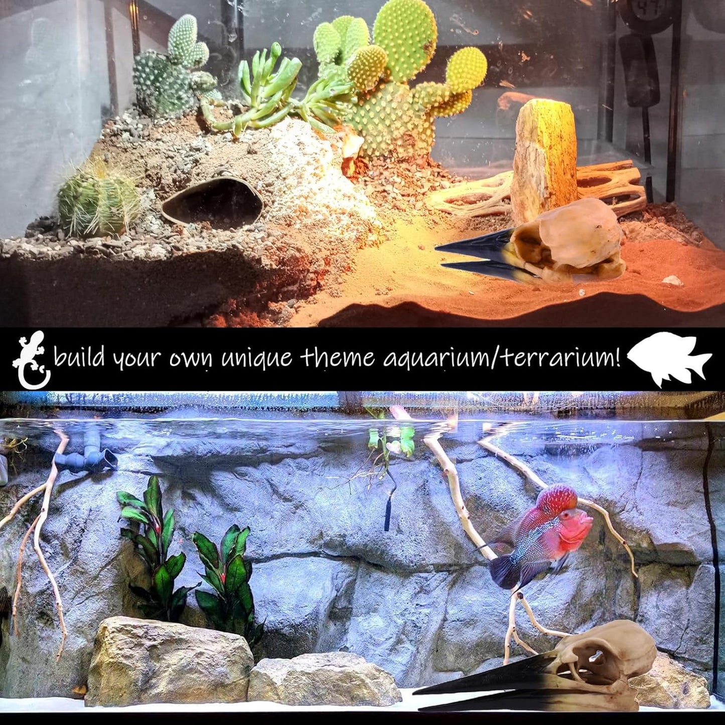 Fish Cave Hideout Ornament Décor for Terrarium Dinosaur Animal Skull Aquarium Large Decorations Betta Tarantula Reptile Snake Decor Bones Halloween