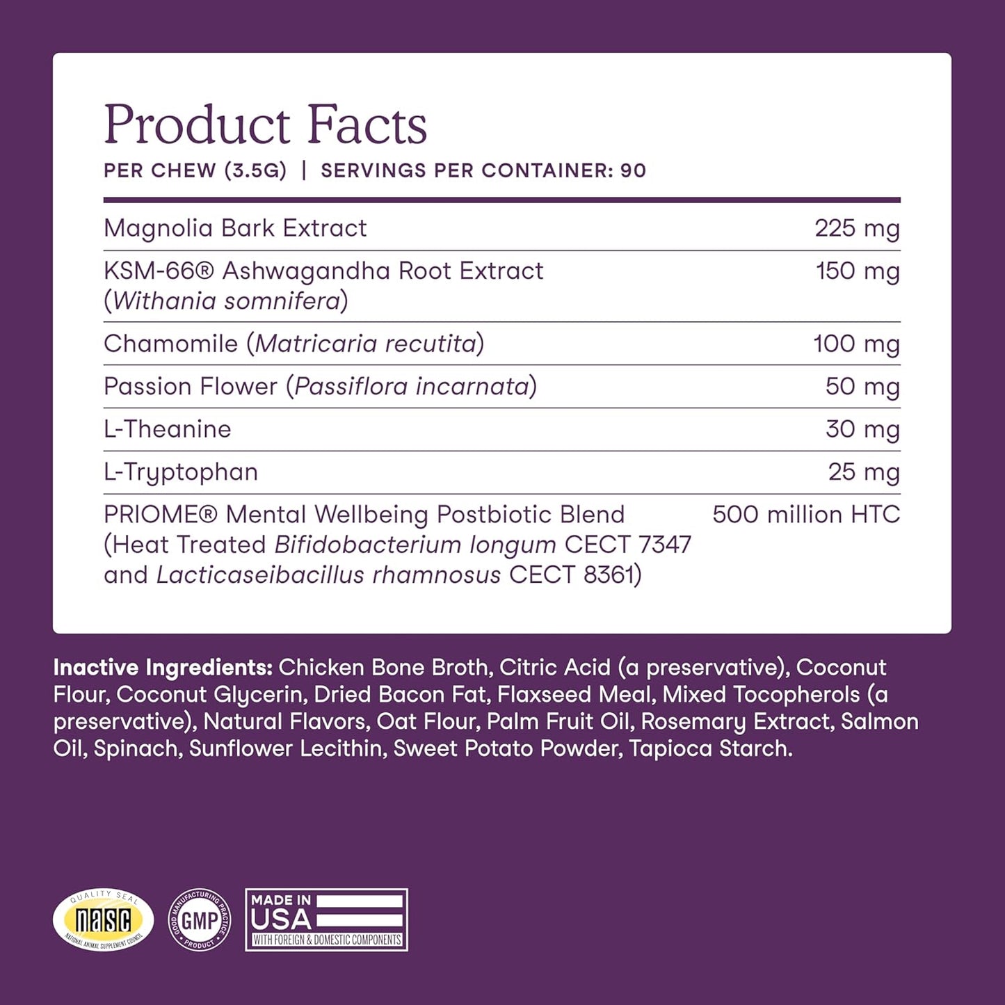 Fera Pets Dog Calming Chews - Anxiety Relief Support - Promotes Relaxation - Ashwagandha & Priome® Mental Wellbeing Postbiotic Blend - 90 Soft Chews