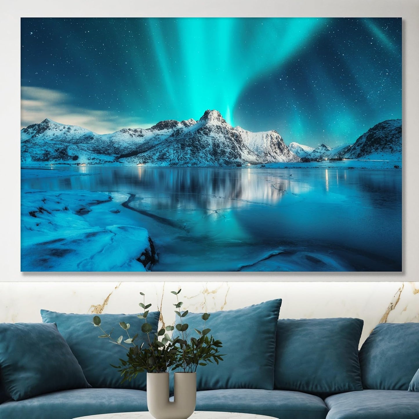 Nature Wall Art Prints - Ocean Forest Mountain Lake Canvas Landscapes - Small to Extra Large Living Room Bedroom Kitchen Bathroom Décor (Northern Lights Over Lake, 35L" x 53W")