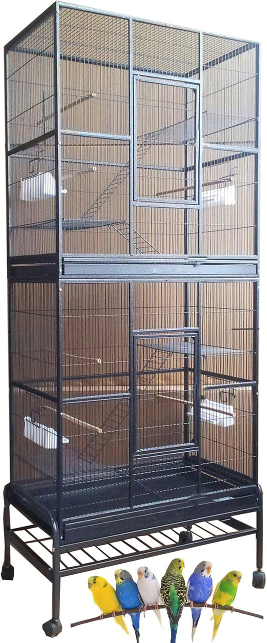 Large Double Stacker Breeding Flight Bird Wrought Iron Double Parrot Bird Separate Breeder Cages Side Nesting Box Doors Easy to Clean Bottom Grates and Trays Removable Rolling Stand