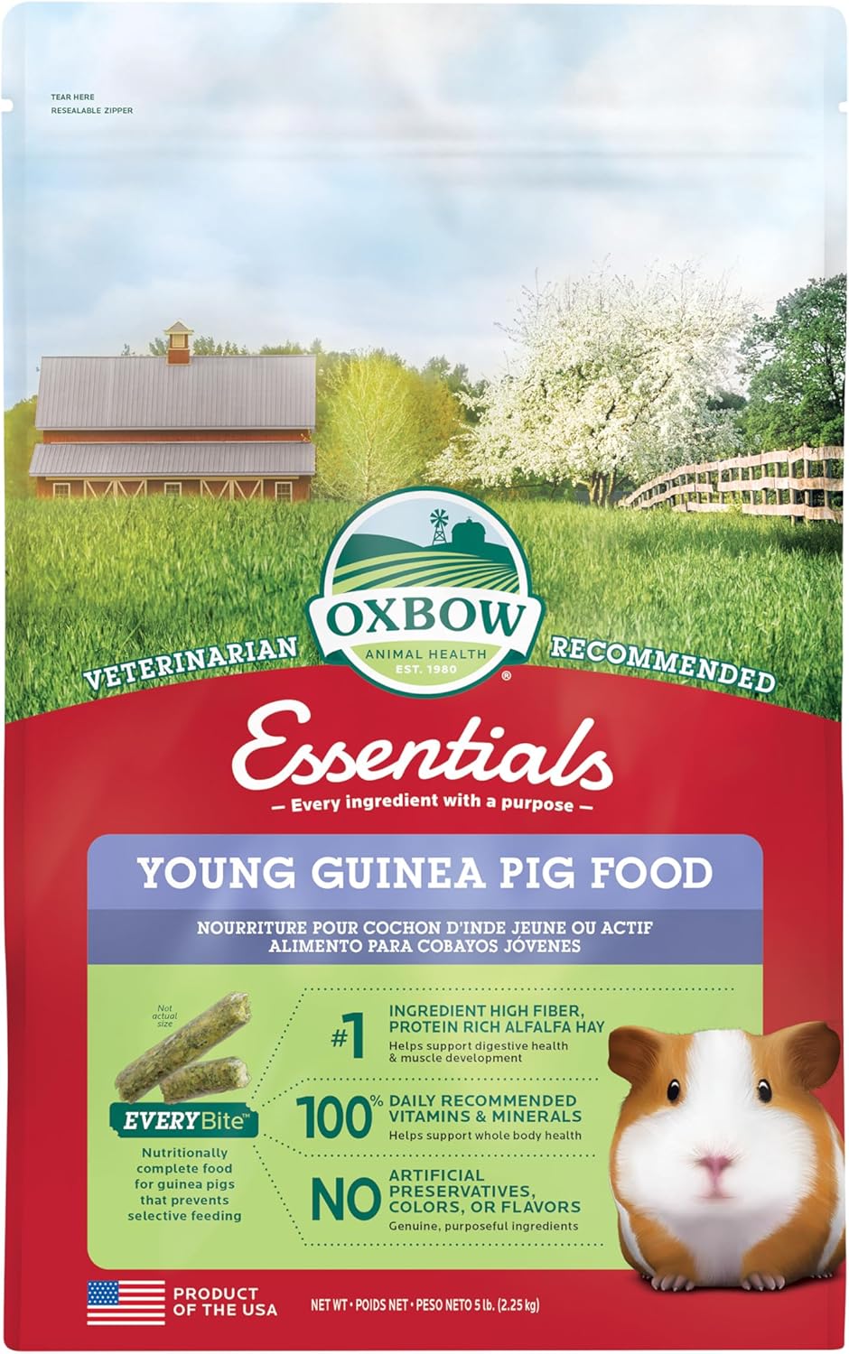 Oxbow Essentials Guinea Pig Food, Young Guinea Pig, Made Alfalfa Hay, Pet Food Pellets with Vitamin C, Small Animal Pet Products, Made in USA, High Fiber, 5 lb. Bag