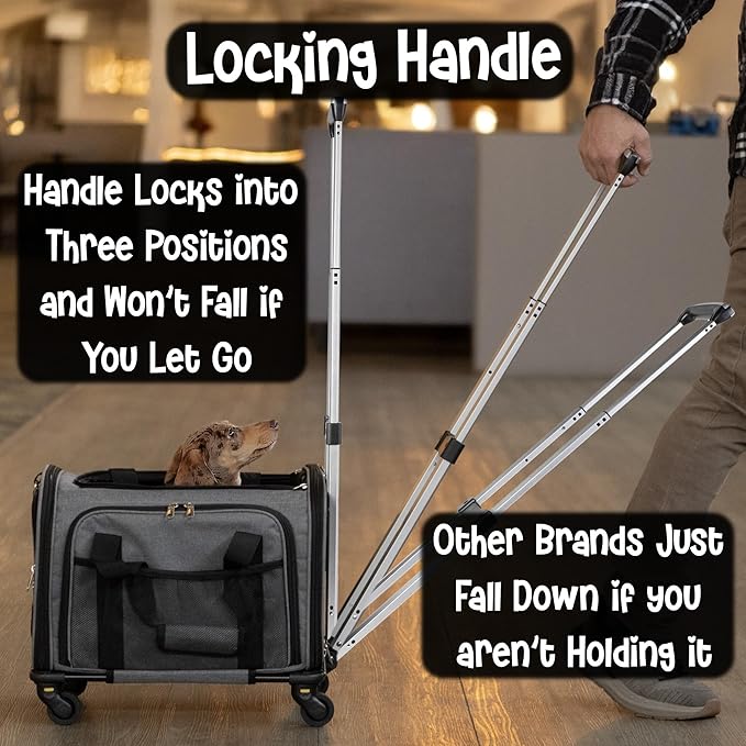 Pet Carrier with Wheels | United Delta American Frontier Airline Approved | Two Expandable Sides, Storage Pockets Adjustable Leash | Rolling Dog and Cat Carrier TSA Compliant (Grey)