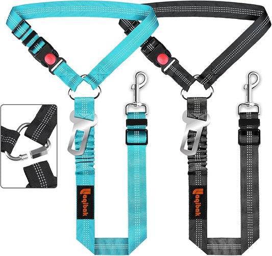 Removable Dog Seat Belt Harness for Car, 3 in 1 Pet Dog Car Seatbelt Leash, Retractable Restraint Secures to Vehicle Headrest & Adjustable Reflective Bungee Dog Seatbelt Tether, Blue and Black