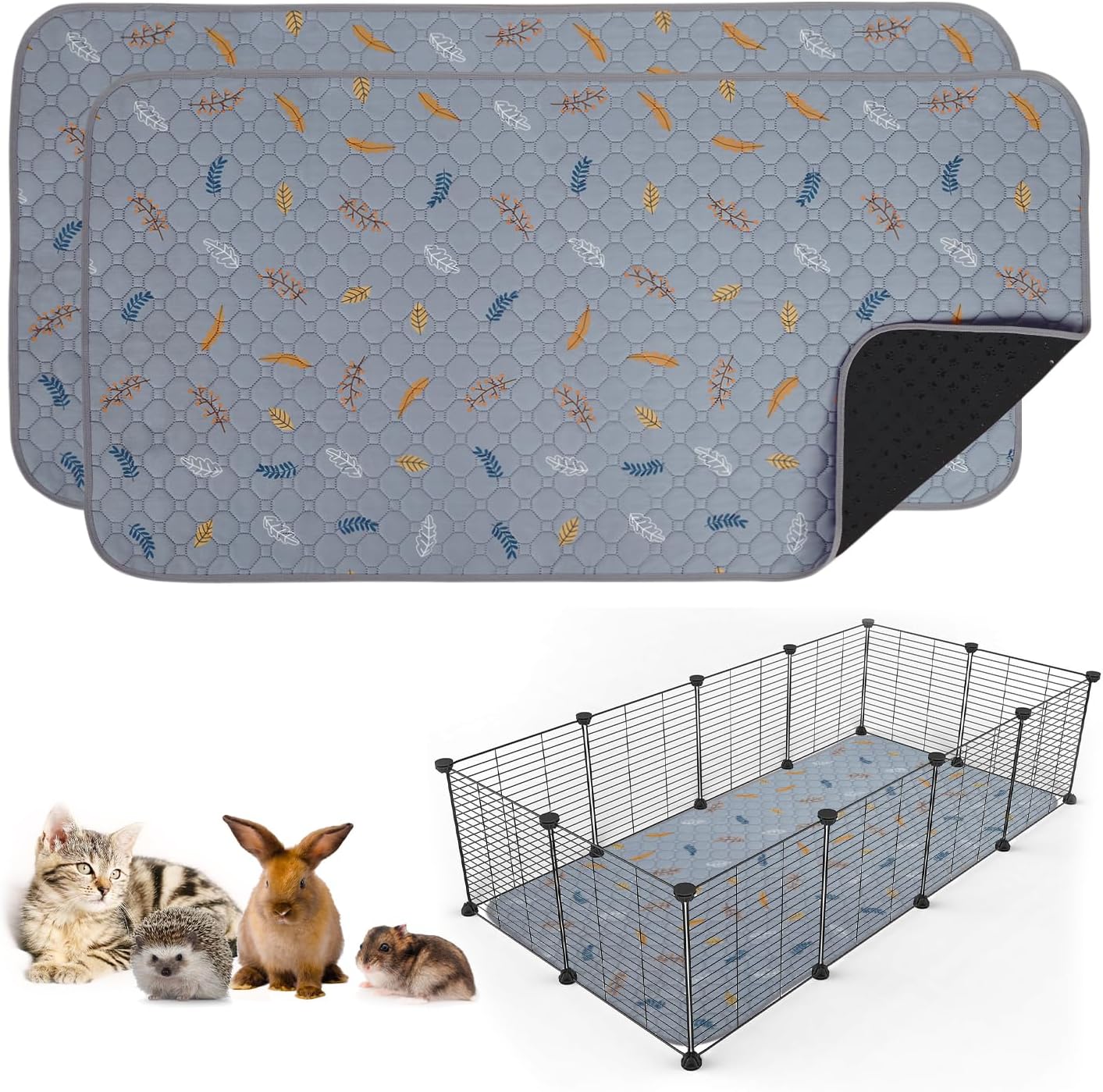 Sunheir 2 Pack Washable Guinea Pig Pee Pads, 24" x 48" Waterproof Reusable Guinea Pig Cage Liners, Absorbent Bedding Training Mat for Small Animal Guinea Pigs Rabbit Bunny Hamster - Light Grey