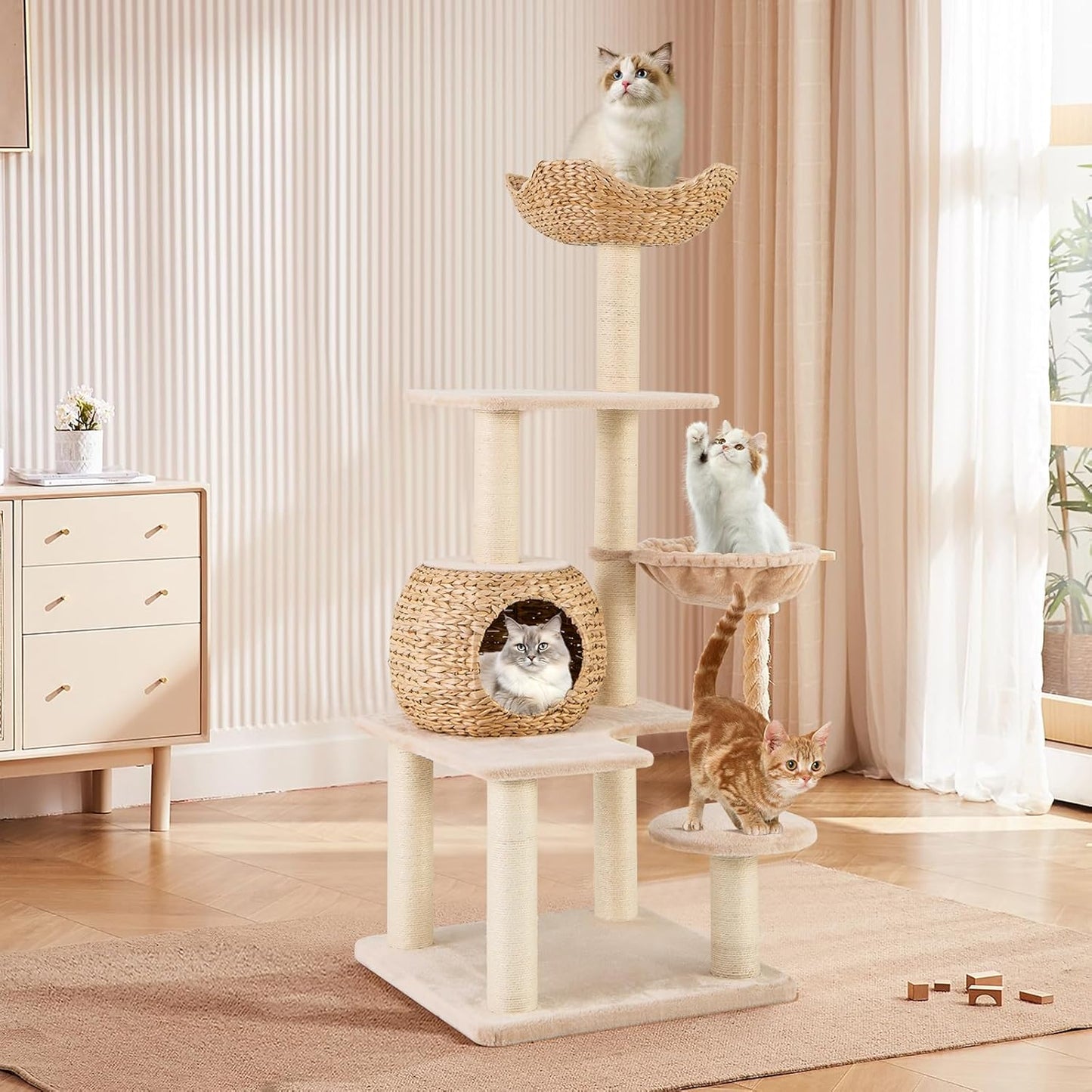 PETSITE 59 inch Cattail Cat Tree Tower, Multi-Level Cat Tower with Natural Sisal Scratching Posts, Condo, Basket, Top Perch and Jumping Platforms, Modern Tall Cat Tree for Indoor Cats