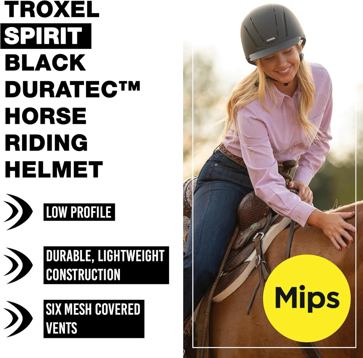 Troxel Spirit MIPS Technology Full Coverage Horse Riding Helmet, Horseback Riding Gear for Equestrians, Large (7-3/8-7-3/4), Black Duratec