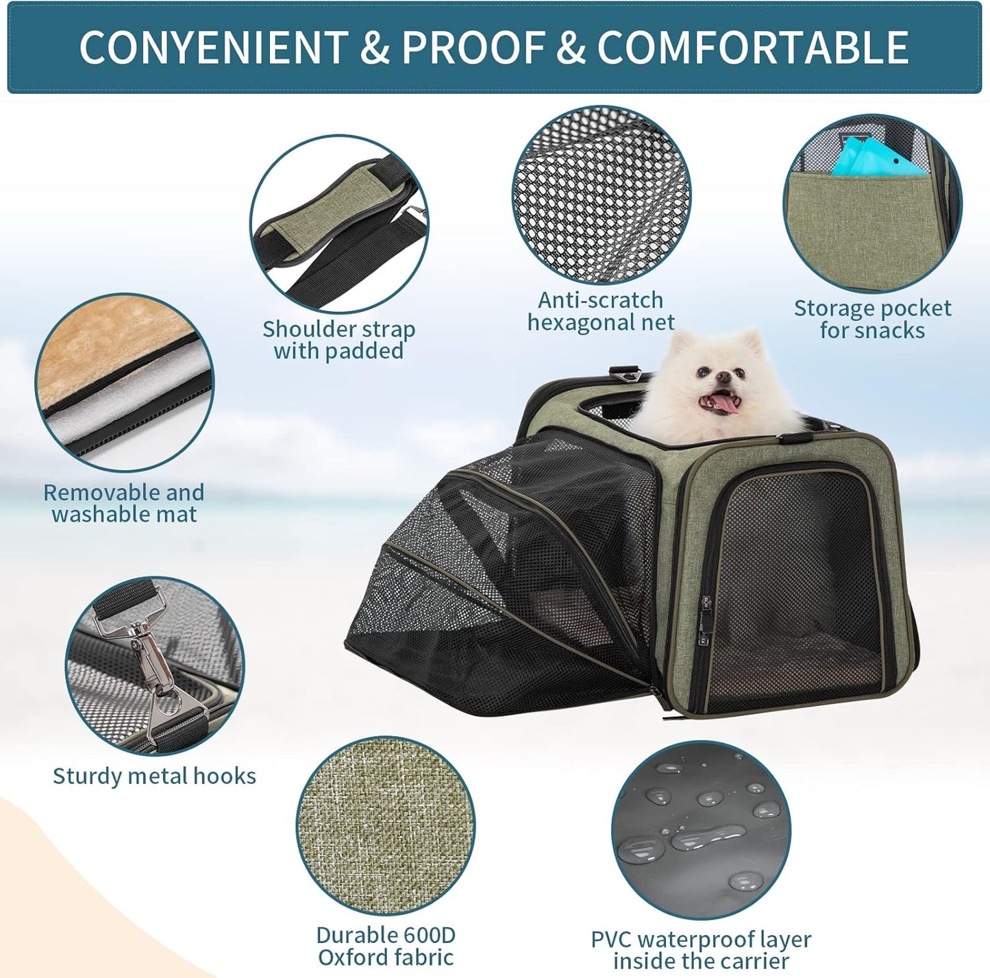 Petsfit Expandable Cat Carrier Dog Carrier, Soft-Sided Collapsible Portable Pet Carrier, 19x12x12, Green