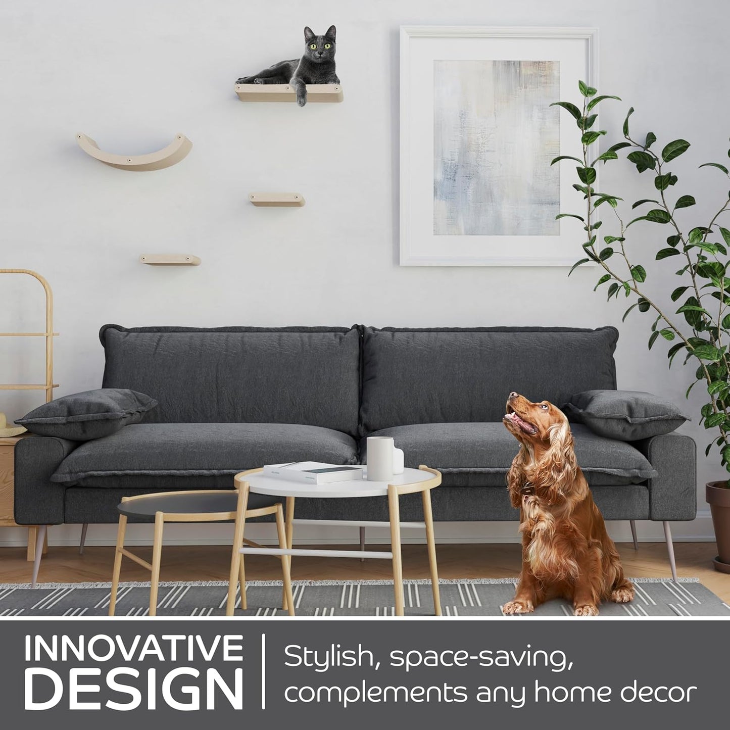 Wall Mounted Cat Steps Short Shelves (2) by Pryde Pets - Stairs for Walkways, 100% Sustainable PET Felt Feline Enrichment Climber Furniture for Indoor Cats, Modern Climbing Gym Design (Oatmeal)