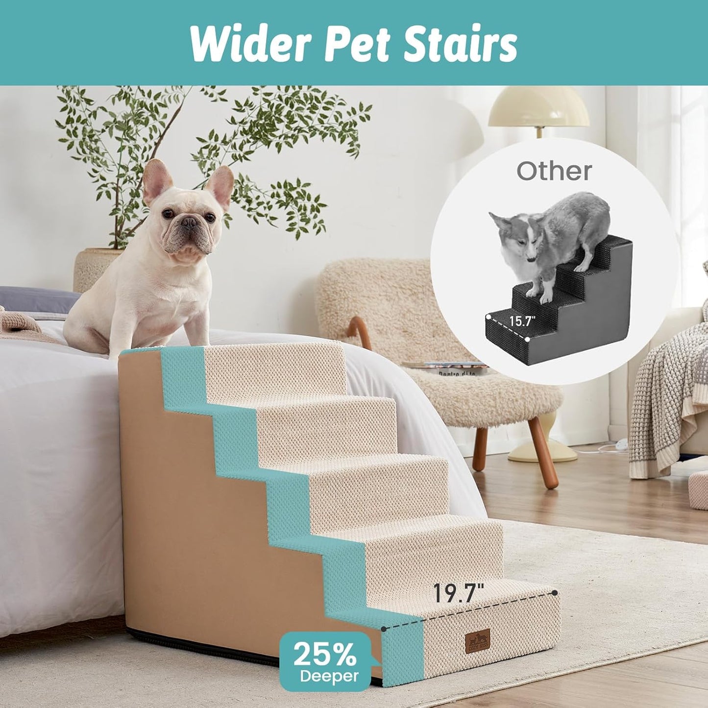 Dog Stairs for Small Dogs, 5 Tier Wider Pet Stairs for High Beds, 23.6" H Non-Slip Dog Steps for Old Cats, Puppies, Small Medium Dogs, 29.5x19.7x23.6 inch, Beige