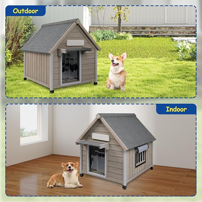 Outdoor Dog House Waterproof for Medium Small Dogs with Anti-Chewing Iron Frame, Adjustable Vent Window, Indoor & Outdoor Doghouse Kennel Puppy Shelter, Easy Clean and Assemble (26" L*31.9" W*32" H)