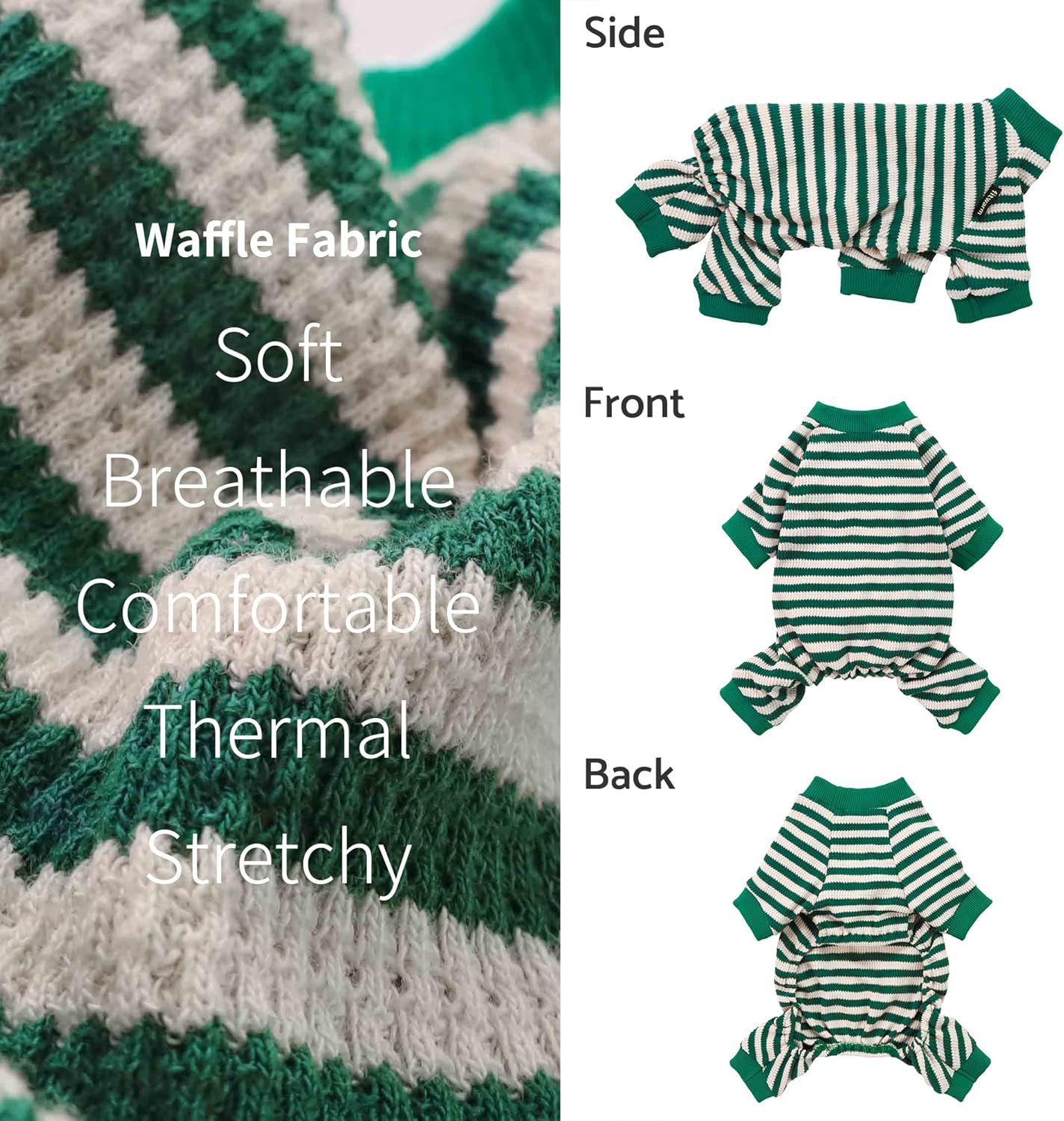Fitwarm Green and White Striped Dog Pajamas, Waffle Dog Clothes for Small Dogs Girl Boy, Puppy Onesie with Feet, Pet Cat Outfit, Large