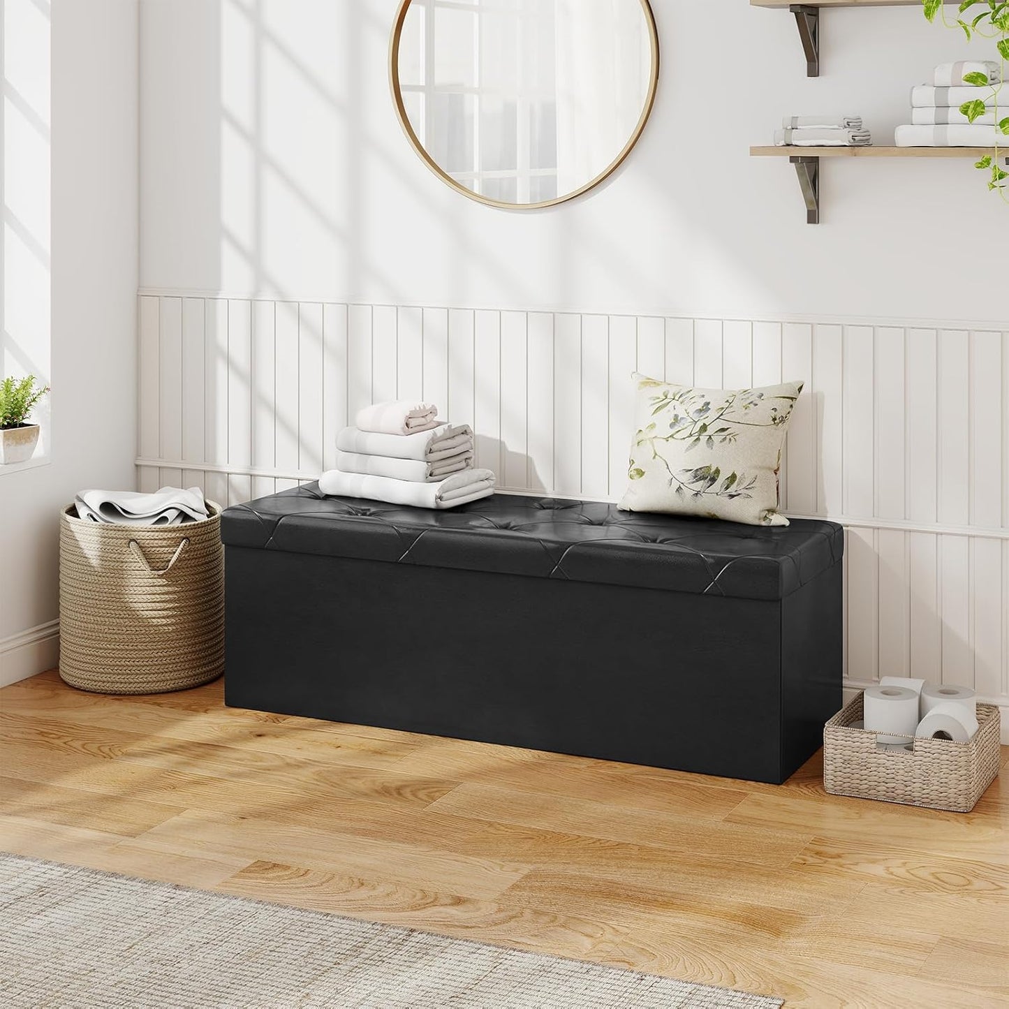 Sweetcrispy 43 Inches Folding Ottoman with Storage Bench, Foot Rest Stool, End of Bed Storage Bench Upholstered, Load 660 lbs, for Living Room, Lychee Grain Leather, Black