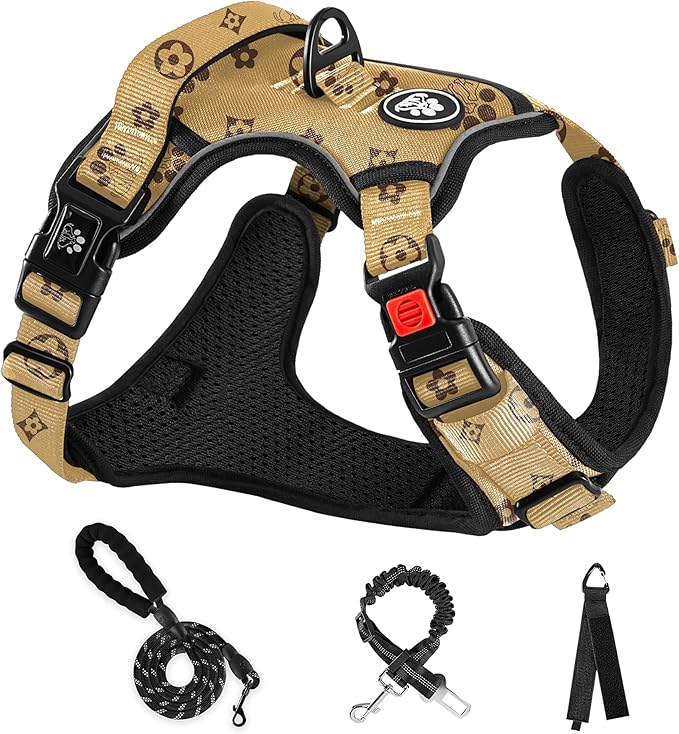 NESTROAD No Pull Dog Harness,Adjustable Oxford Dog Vest Harness with Leash,Reflective No-Choke Pet Harness with Easy Control Soft Handle for Large Dogs(Large,Light Brown)