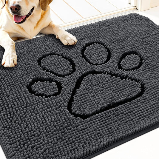 OLANLY Door Mat for Muddy Dog Paws 30x20, Absorbent Chenille Doormat with Paw Print Design, Non-Slip Washable Doormat for Indoor Entryway, Quick-Dry Pet Bed Mats for Dirty Dogs, Dark Grey and Black