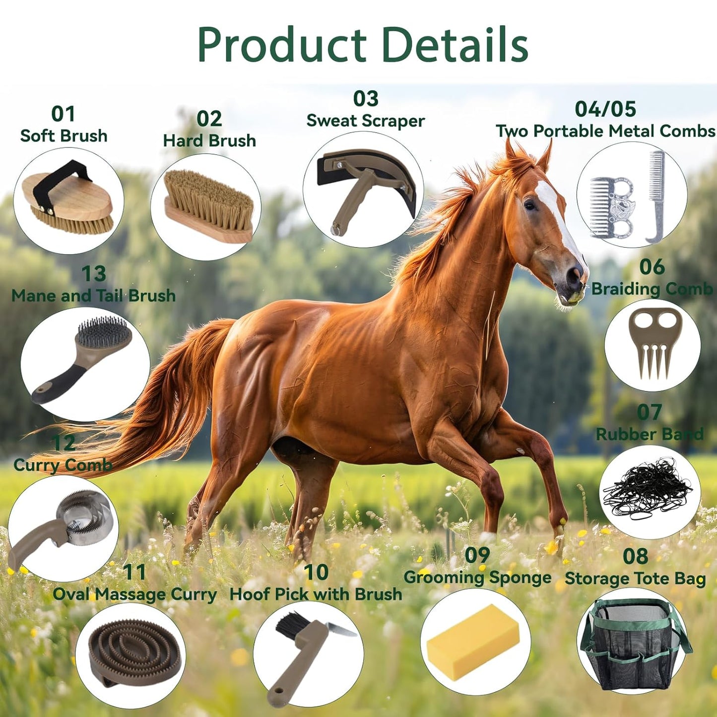 Horse Grooming Kit 13 Piece, Horse Brushes for Grooming Supplies Set with Organizer Bag, Horse Brush & Curry Comb for Effective Cleaning, Gift for Horses Riders Beginners