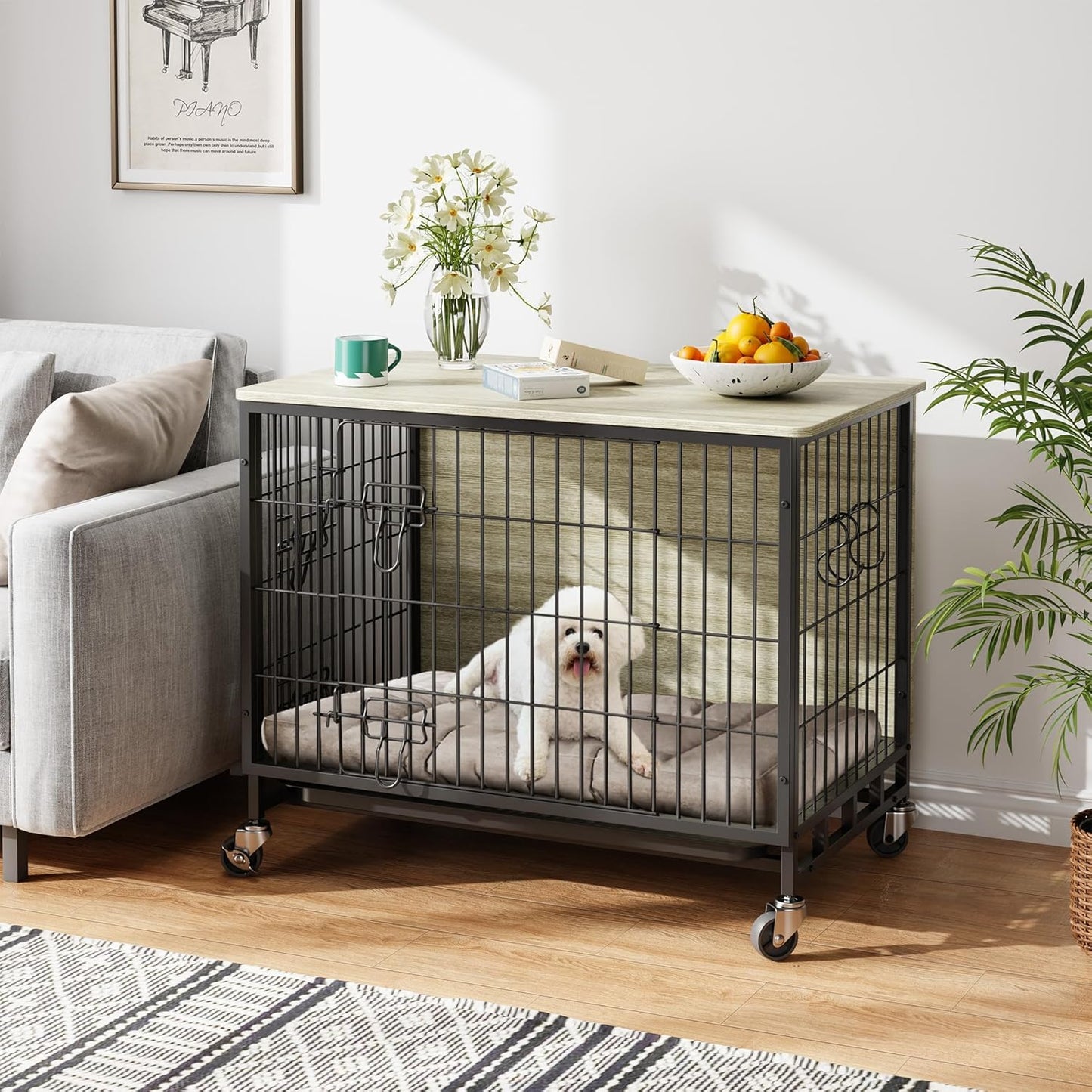 Dog Crate Furniture, 32.5" Wooden Dog Crate Furniture Side End Table, Indoor Kennel with Double Doors, Dog Crates for Medium Dogs, Grey