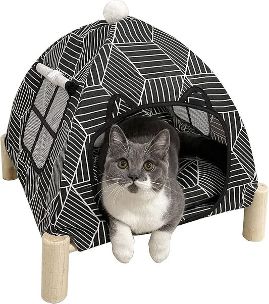 2-in-1 Elevated Cat Tent Cat House, Quick Assembly and Disassembly, Portable Indoor/Outdoor Cute Cat Bed Cave-Black Diamond Pattern