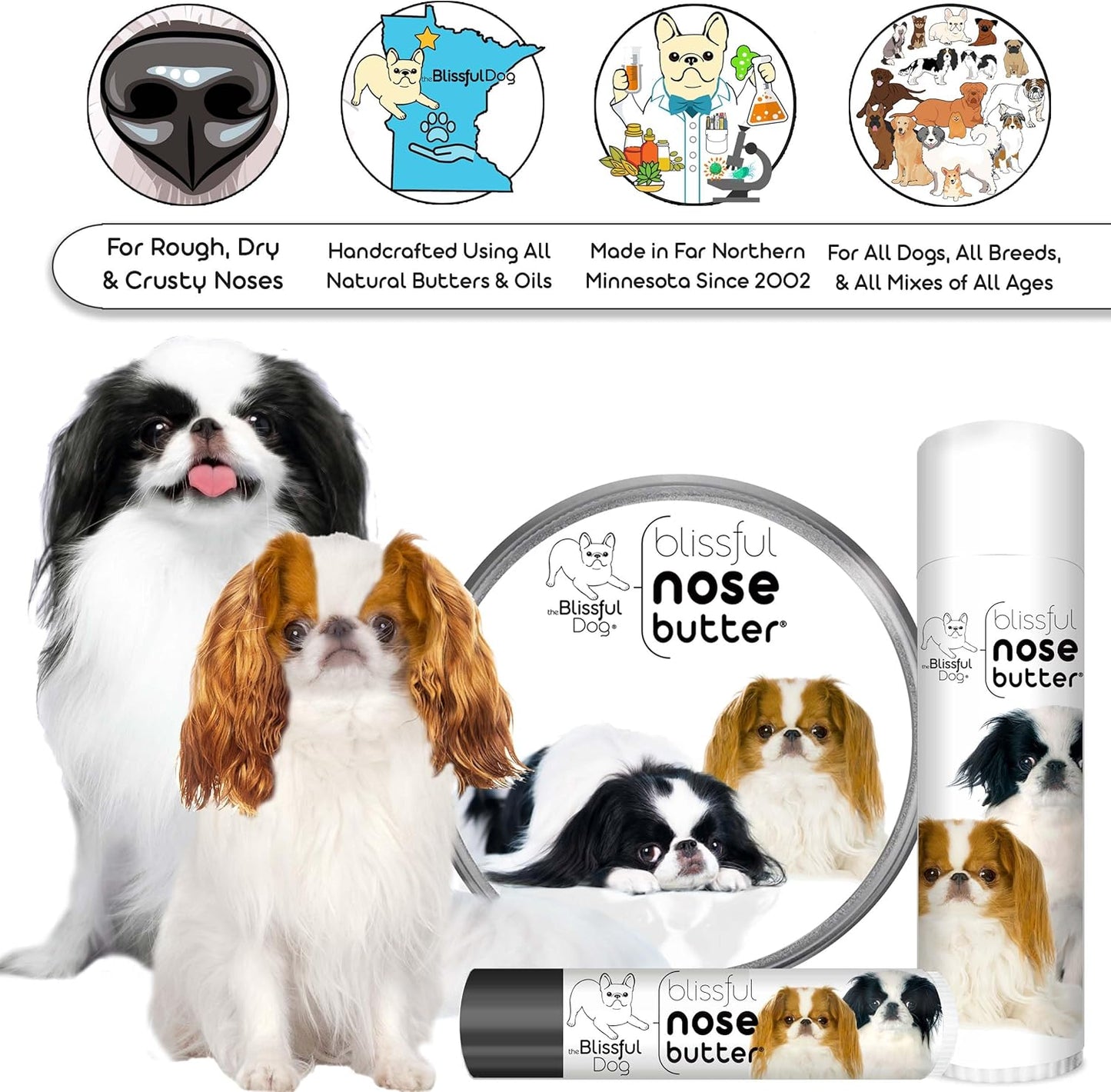 The Blissful Dog Japanese Chin Nose Butter for Dry, Cracked Skin, Lick-Safe Dog Nose Balm with Moisturizing Shea Butter, Almond, Olive, and Essential Oils, Pet Supplies, Uncented, 8 oz.