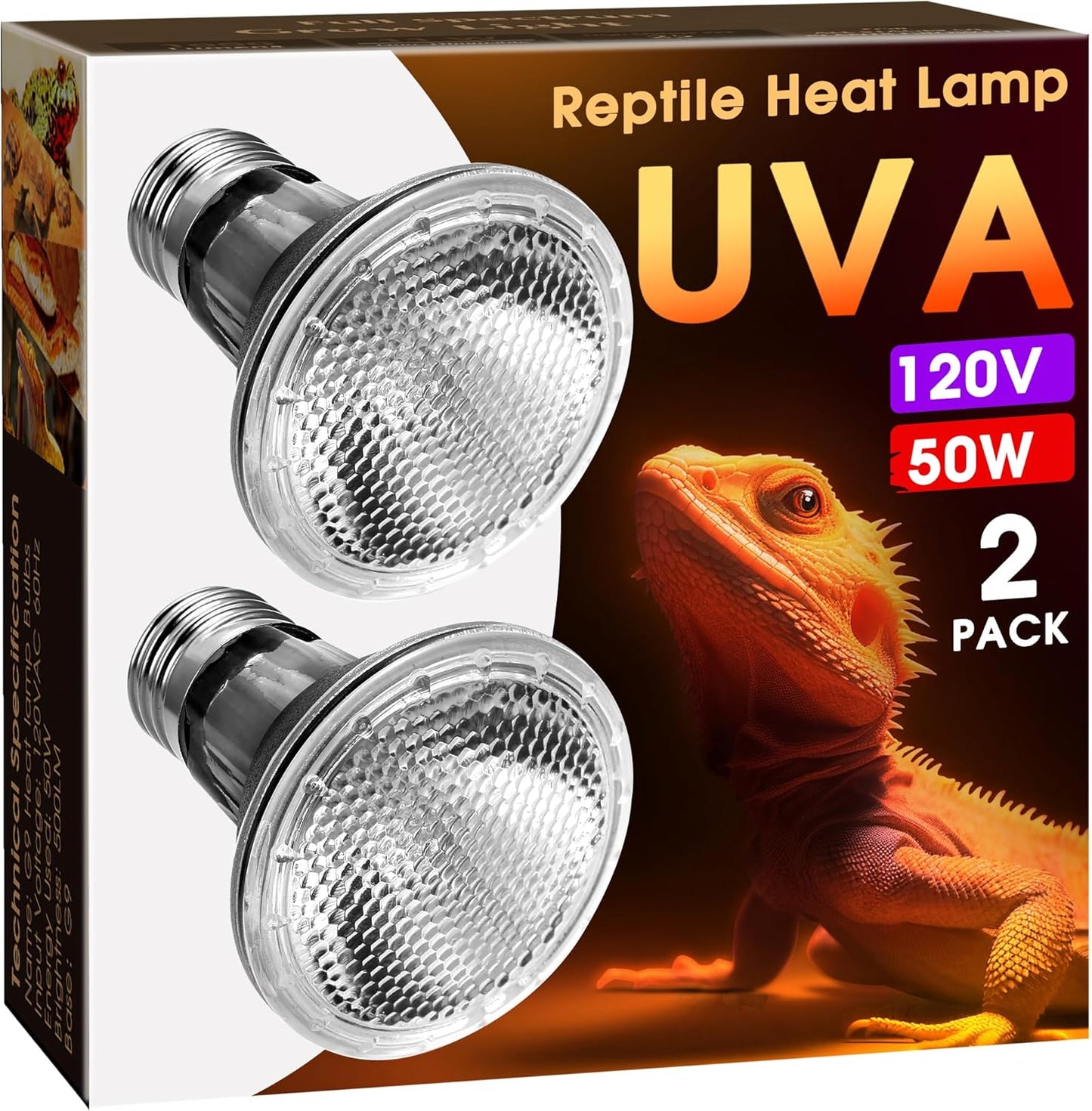 Reptile Heat Bulb [2 Pack], Reptile Light Bulbs 50W UVA UVB, Dimmable Heat Lamp Bulbs Basking Spot Light Bulb for Reptiles, Amphibian, Bearded Dragon, Lizard, Chicken