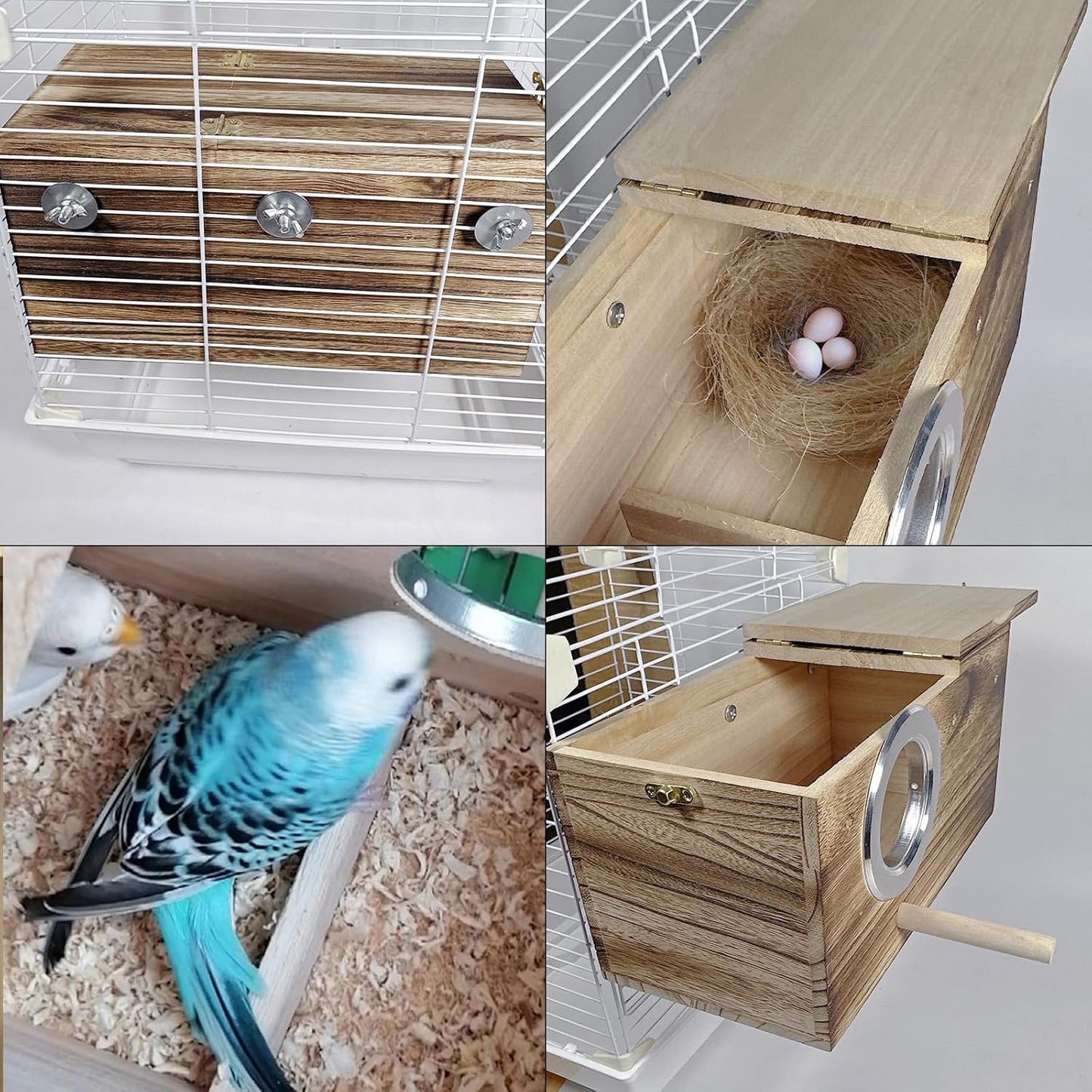 kathson Parrots Nesting Box Parakeet Nest House for Cage Budgie Breeding Hut with Coconut Fiber Bedding Wooden Bird Mating Box for Lovebirds Budgie Conure Cockatoo Cockatiel and Small Medium Parrots