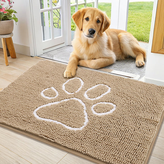 Smiry Dog Door Mat for Muddy Paws, Absorbent Dirt Trapper Non Slip Quick Dry Washable Chenille Mat for Mud Dogs, Entry Rug for Indoor and Outdoor (36x24 Inches, Beige)