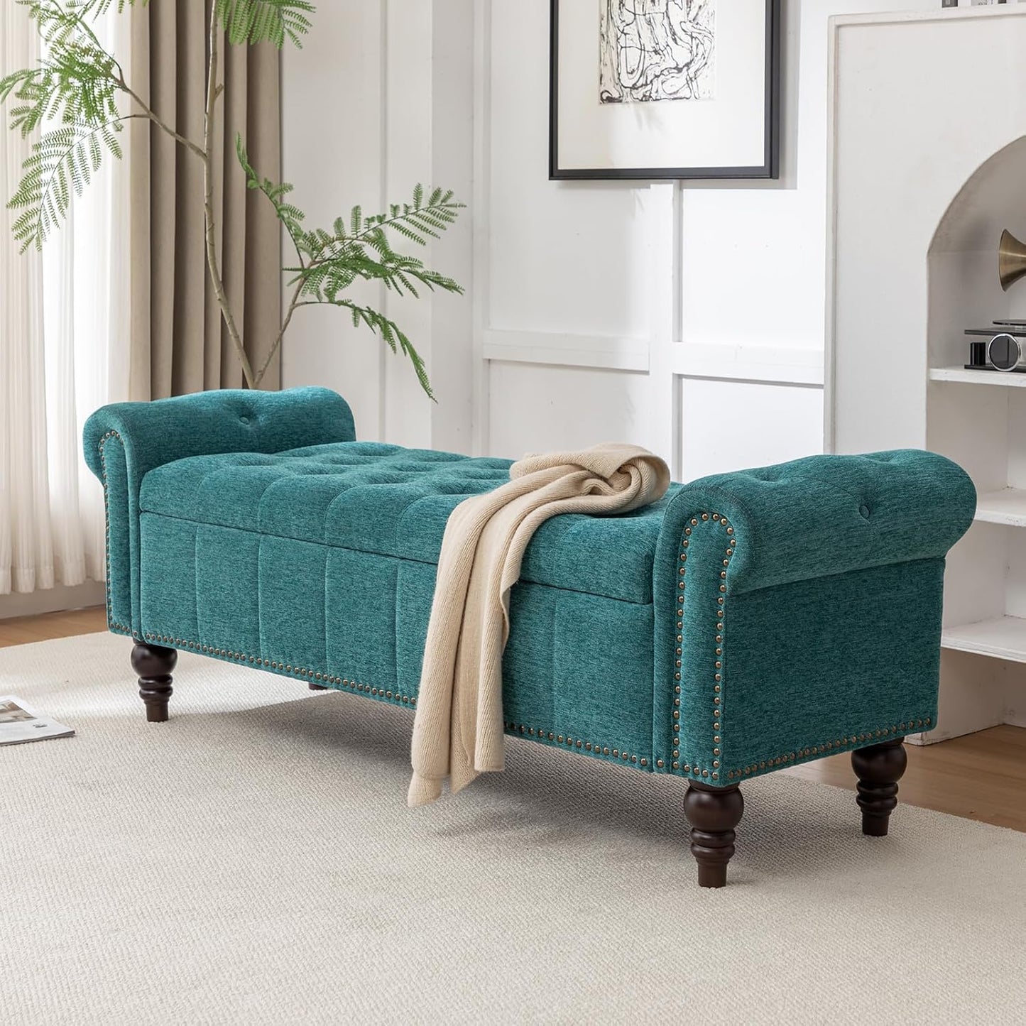 58’’ Storage Bench for Bedroom, Upholstered Button-Tufted Ottoman with Solid Wood Legs, Queen Size End of Bed Shoe Cabinet, Window Seat Foot Rest Stool for Entryway, Living Room (Teal)