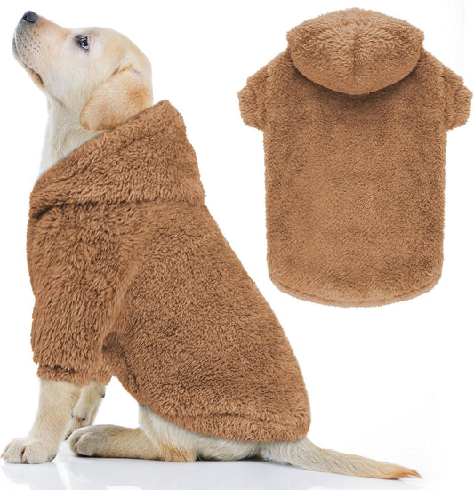 Fuzzy Dog Hoodie Dog Sweaters for Large Dogs Soft Double-Sided Plush Fleece Pet Sweater Pet Clothes Coats Hoodie Sherpa Hooded Sweatshirt(Coffee-L)