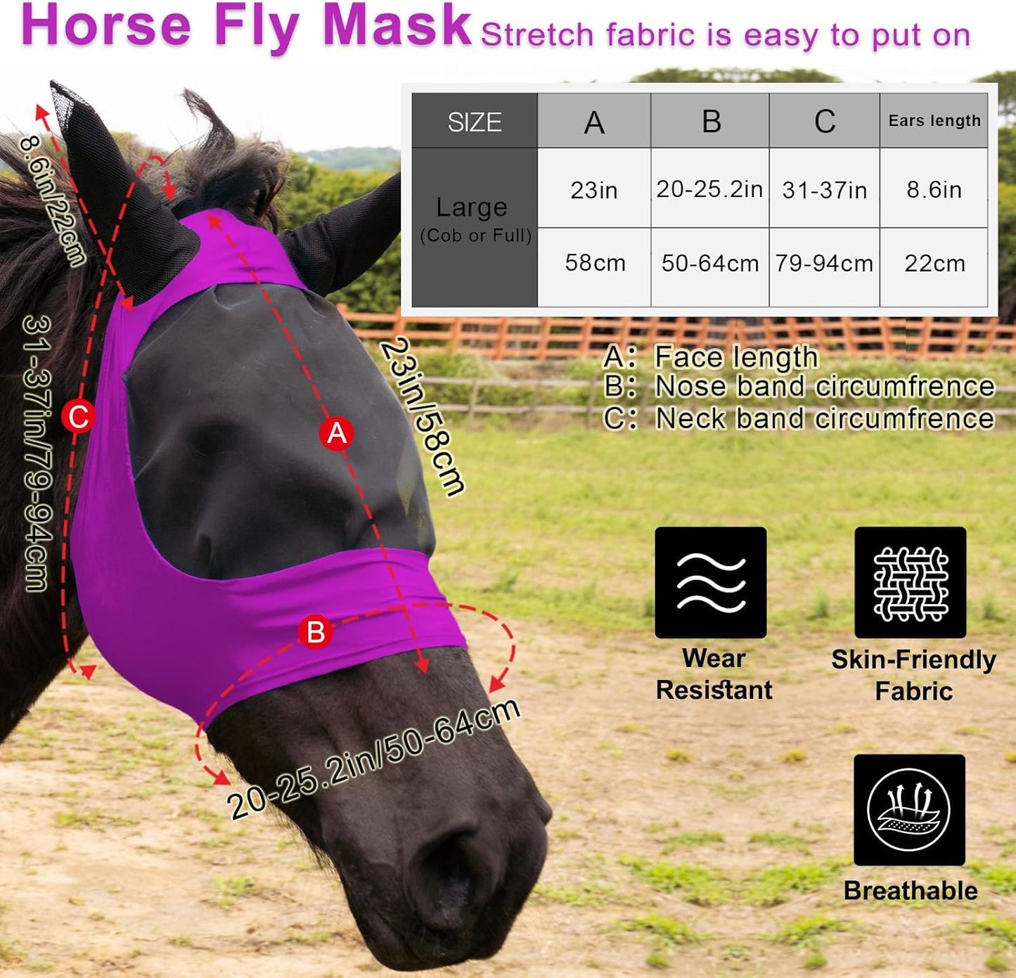 2 Piece Horse Fly Mask with Ears, Comfortable Fit Stretch Fabric Big Eye Space Soft Breathable with UV Protection for Full Horses (Purple-Gray)