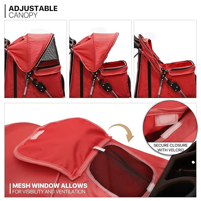 MoNiBloom 3 Wheels Pet Stroller, Foldable Puppy Cage Jogger Stroller with Weather Cover for All-Season, Storage Basket and Cup Holder, Breathable and Visible Mesh for Small/Medium Pets, Red
