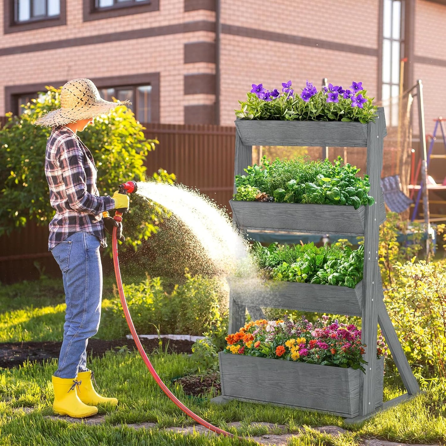 SUNYRISY 4 Tiers Vertical Raised Garden Bed Outdoor Planter Tower, Wooden Freestanding Planter Box for Planting Herbs Flowers Vegetables Backyard Patio Balcony Indoor Outdoor Gardening, Grey