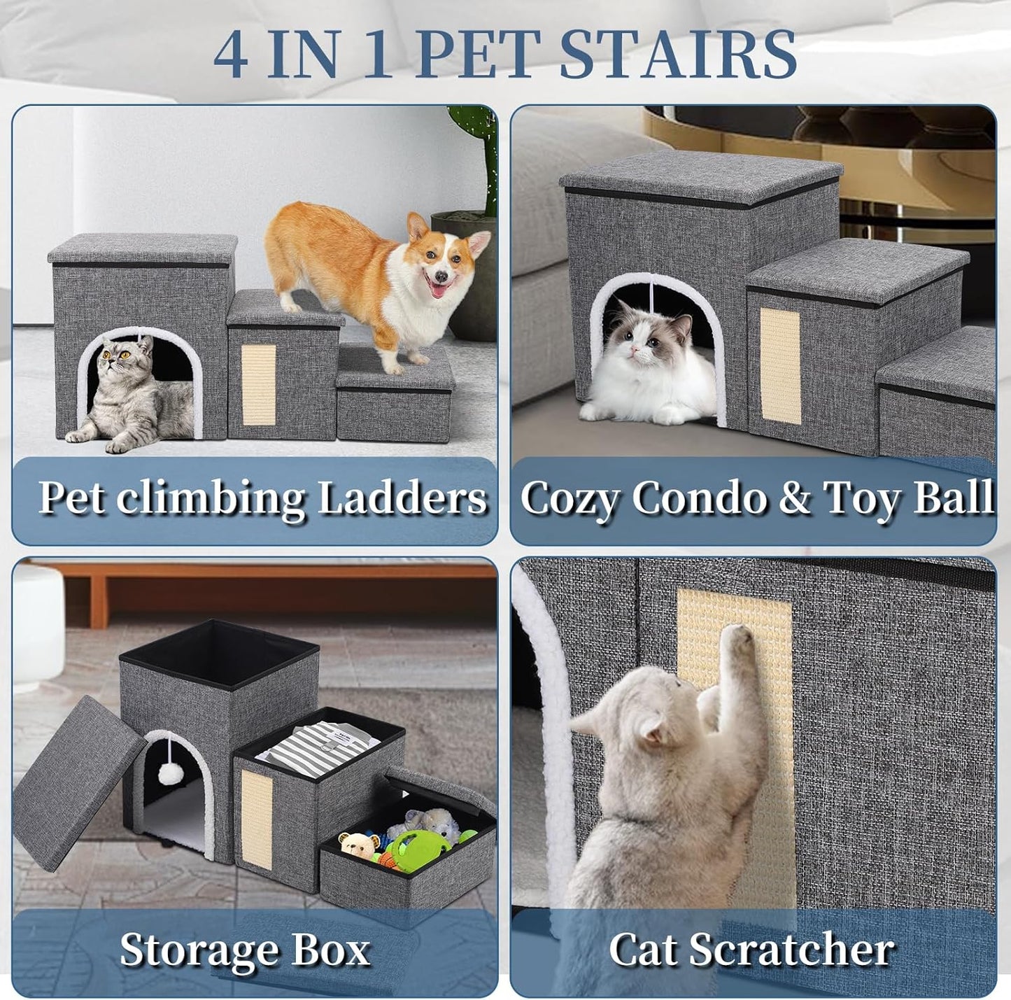 Upgrade XL Dog Stairs for Bed and Couch, 35.5"L x 13.8"D x 17"H, Foldable Dog Steps with Wider Stairs, Large Condo, Storage Space, Pet Stairs Steps for Cats, Small/Older Large Dogs, Hold Up to 180lbs