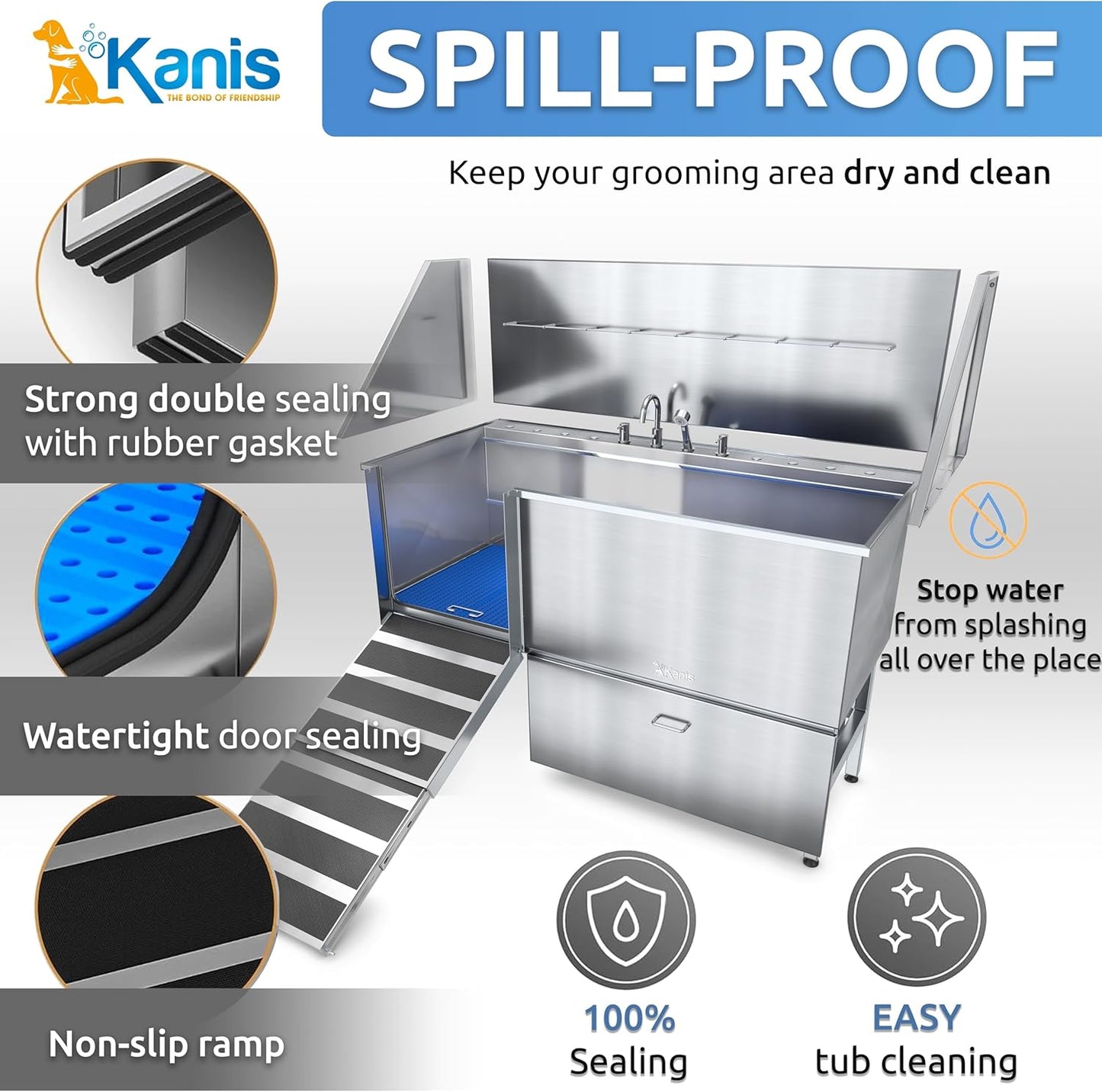 KANIS Professional Dog Washing Station - 304 Stainless Steel Pet Wash Sink & Grooming Bath Tub for Home with Ramp, Shower, Floor Grate, Storage Drawer, Faucet, Drain Kit for Large, Medium & Small Pets