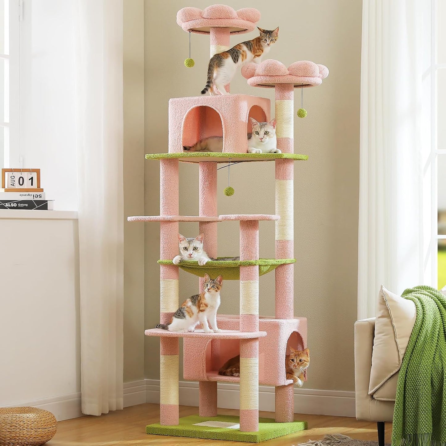 PAWZ Road Flower Cat Tree for Large Cats, 81 Inches Pink Tall Cat Tower with 2 Perches, 2 Condos and Spacious Hammock, XL Extra Large Condo with 7 Scratching Posts for 20lb+ Adult Cats