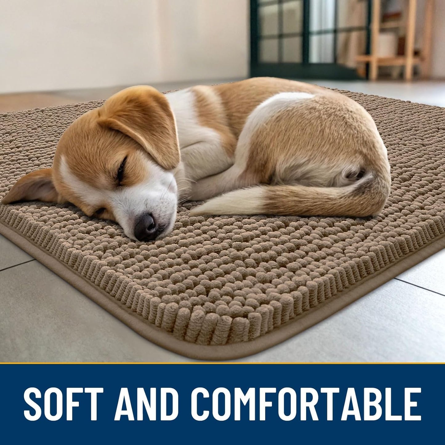 Smiry Dog Door Mat for Muddy Paws 30x20, Absorbs Moisture and Dirt Doormat, Non-Slip Washable Quick Dry Chenille Front Door Mat Indoor Entrance, Entryway Carpet for Inside Floor, Camel