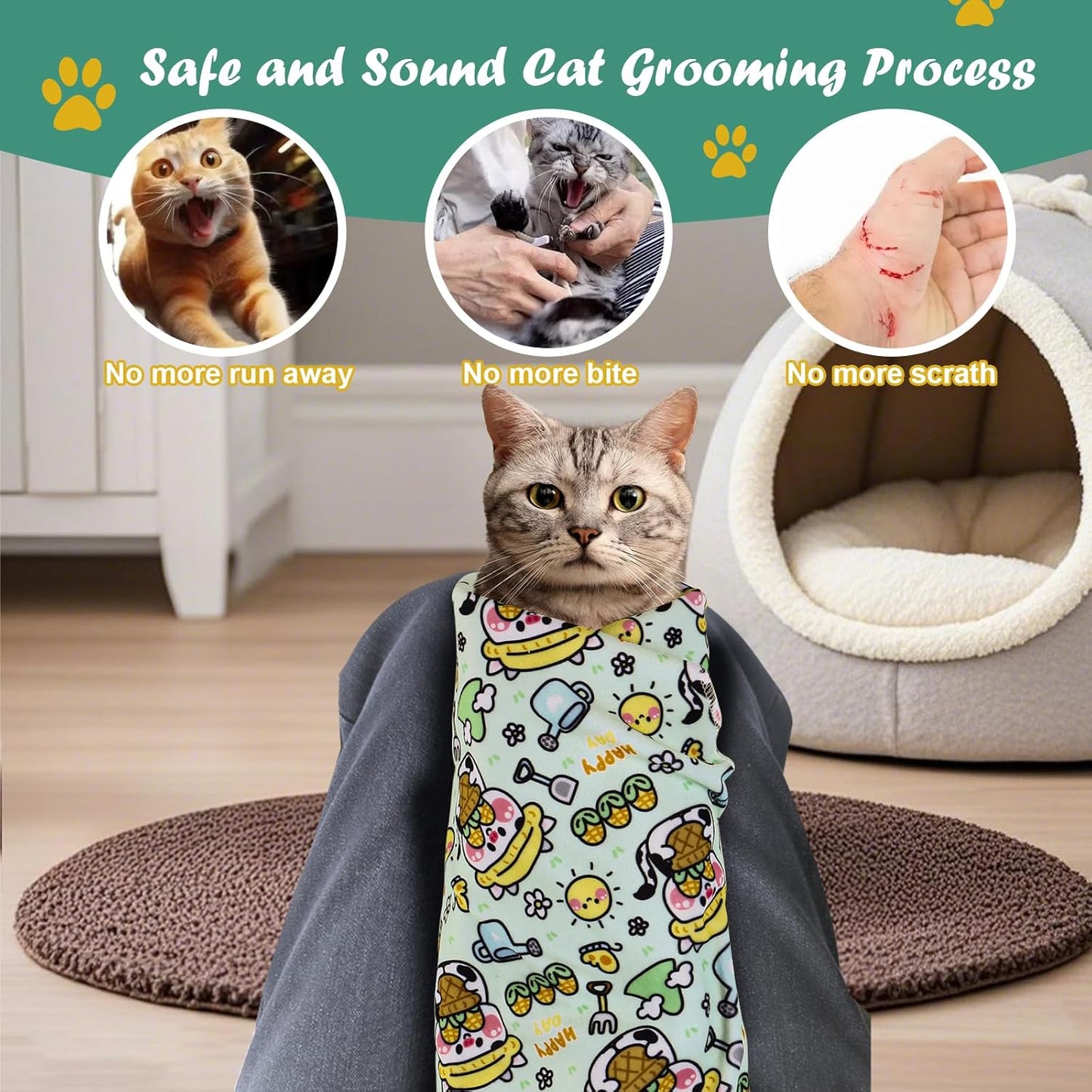 Cat Wrap for Cutting Nails and Grooming(27"x27"),Cat Restraint Wrap for Nail Clipping, Self-Adhesive Fabric Cat Swaddle Burrito Wrap for Nail Trimming (Cow Style)