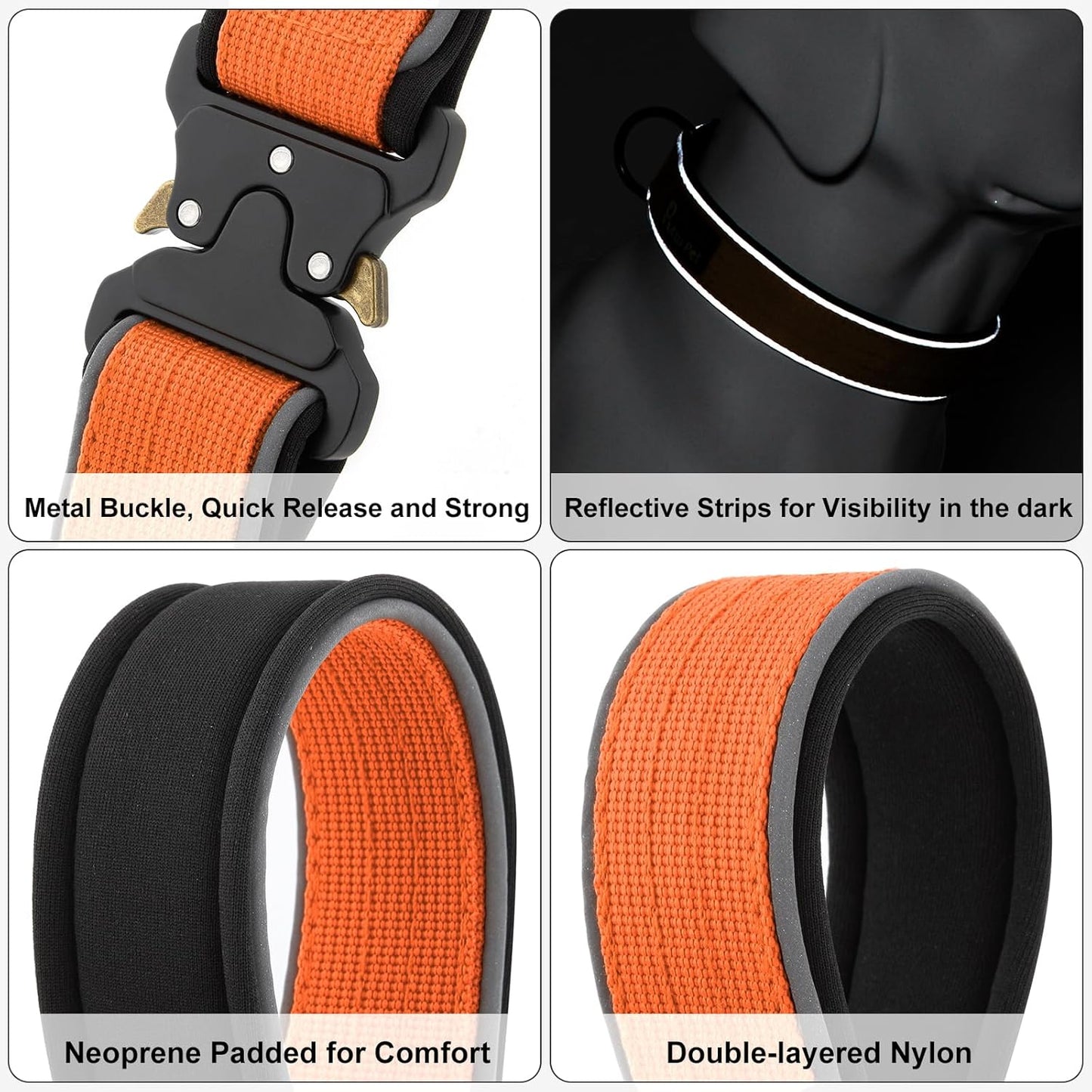 Plutus Pet Tactical Dog Collar, Reflective, Adjustable Heavy Duty Dog Collar, Soft Padded and Comfortable, for Small Medium and Large Dogs (Orange, M)