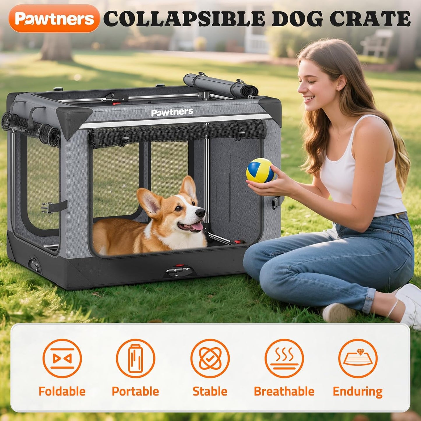 Collapsible Dog Crate: 30 Inch Foldable Soft Sided Dog Crate for Medium Dogs, Portable Dog Travel Kennel with Soft Mat for Indoors & Outdoors, Grey (30" L x 21" W x 21" H)