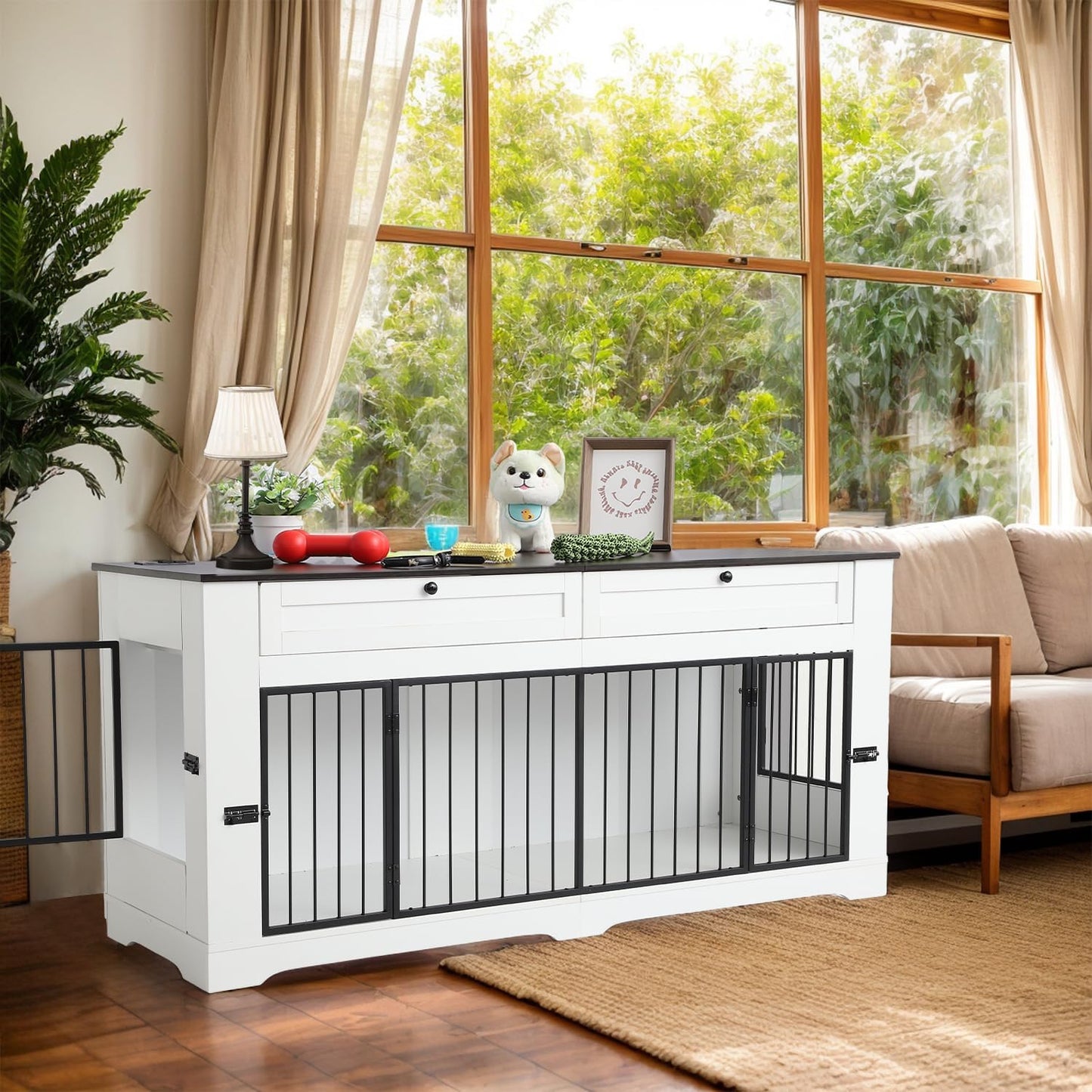 Large Dog Crate Furniture-Decorative Heavy Duty Dog Cage Indoor, Wooden Dog Cage End Table with Charging Station, Dog House with 2 Drawers (White, 70.86''L)