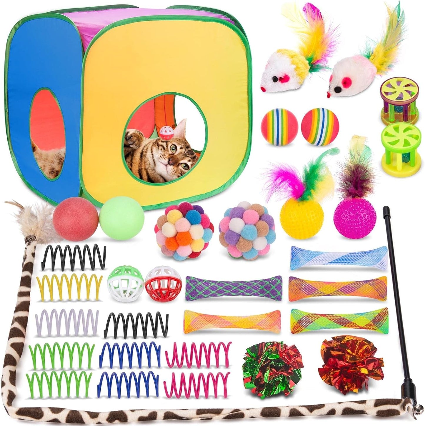 Retro Shaw 33Pcs Cat Toys for Large Cats, Interactive Kitten Toys for Indoor Cats Kitty with Collapsible Game Tunnel Tube Tent Feather Wand Teaser Bell Fuzzy Ball Springs Mouse Toys