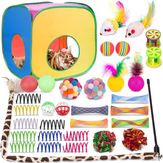 Retro Shaw 33Pcs Cat Toys for Large Cats, Interactive Kitten Toys for Indoor Cats Kitty with Collapsible Game Tunnel Tube Tent Feather Wand Teaser Bell Fuzzy Ball Springs Mouse Toys
