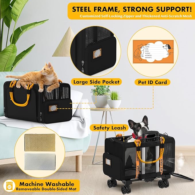 PAWZIDEA Pet Carrier with Wheels, 18x11x11 TSA Airline Approved Cat Carrier for 2 Cats Under Seat, Expandable Soft-Sided Rolling Dog Carriers for Small Dogs Travel Bag with Telescopic Handle, Black