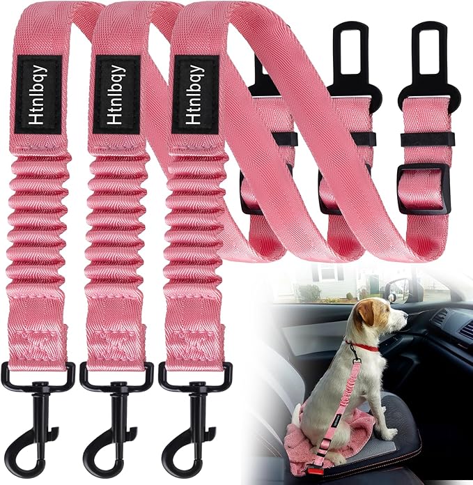 Thickened Dog Seat Belt for Car, 3 Pack Set Retractable Dog Car Adjustable Seatbelts for Vehicle Nylon Pet Safety Heavy Duty & Elastic & Durable Car Harness for Dogs, Light Pink