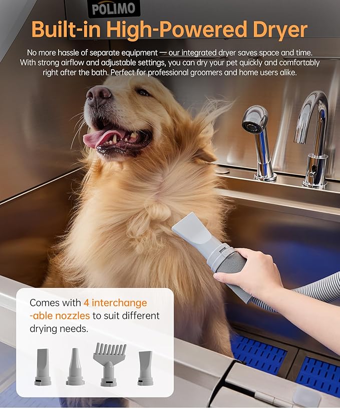 polimo Dog Washing Station with Dryer & LED, Professional Stainless Steel Grooming Tub, Dog Bathtub for Large, Medium & Small Dog, w/Window, Ramp, Drawer, Floor Grate &Fauct （Right RAMP & Dryer, 50"）